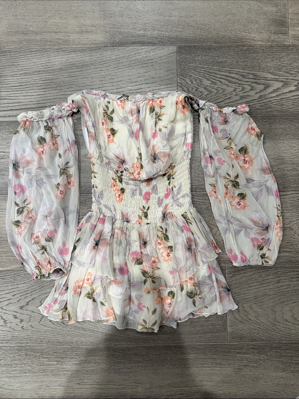 Off-Shoulder Floral Mini Dress in White with Pink Blooms